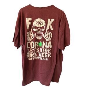 F Corona Let's Ride Bike Week 2021 Jerzeees Dri Power TShirt Skull 2XL Burgandy